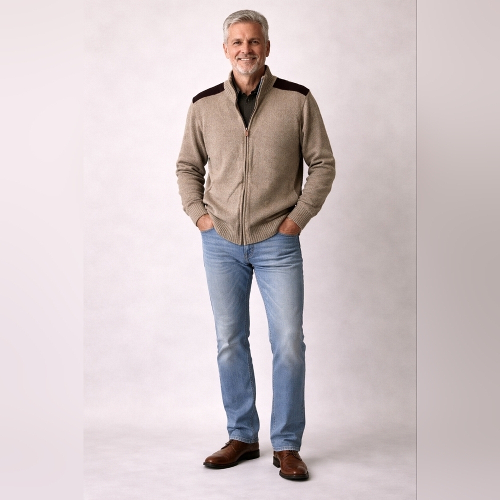 Oscar de la Renta Tan Zip-Up Sweater with Brown Details